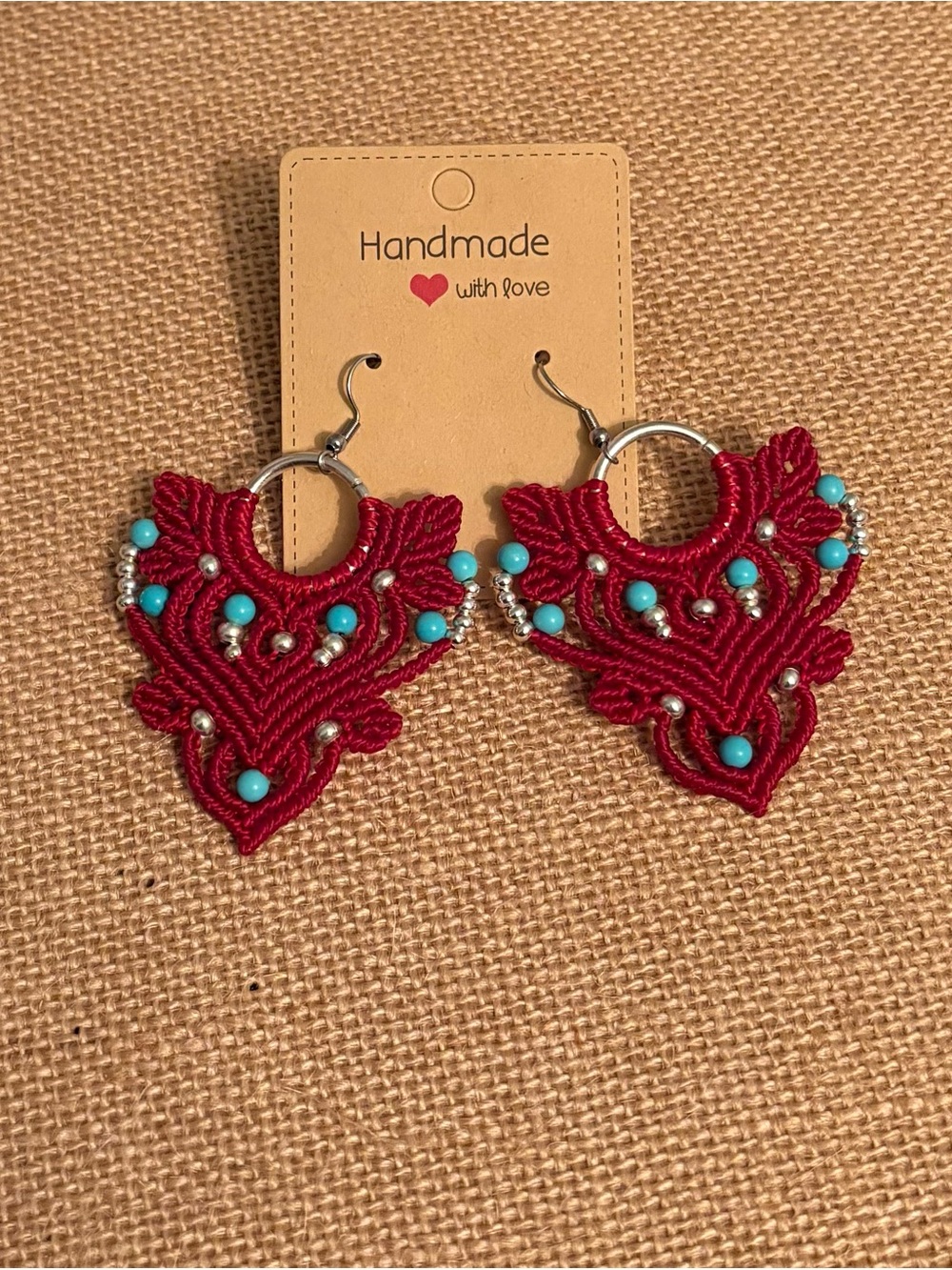 Handmade Red Macramé Earrings with Turquoise Beads